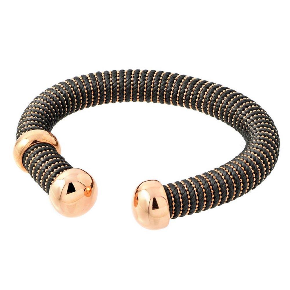 Silver 925 Rose Gold Plated Open Gray Silk Cord Italian Bracelet - ITB00139RGP-BROWN