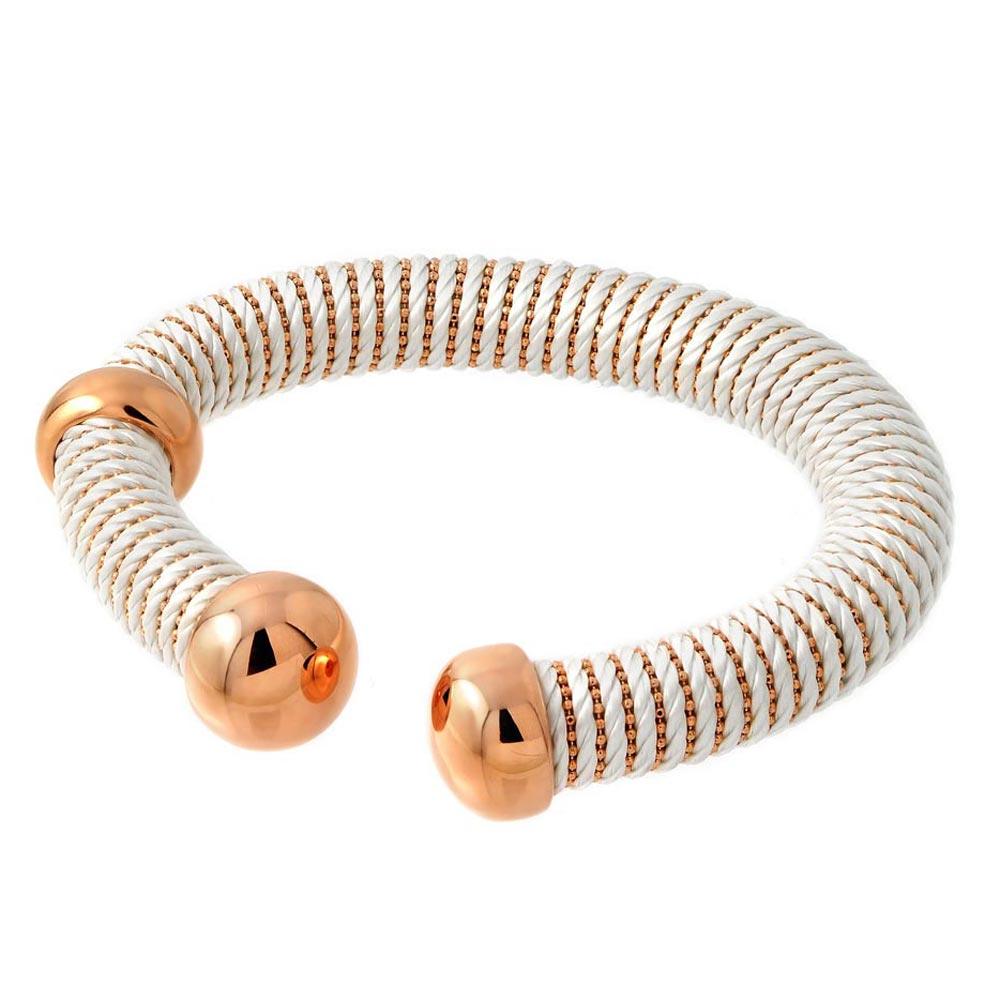 Silver 925 Rose Gold Plated Open White Silk Cord Italian Bracelet - ITB00139RGP-WHITE