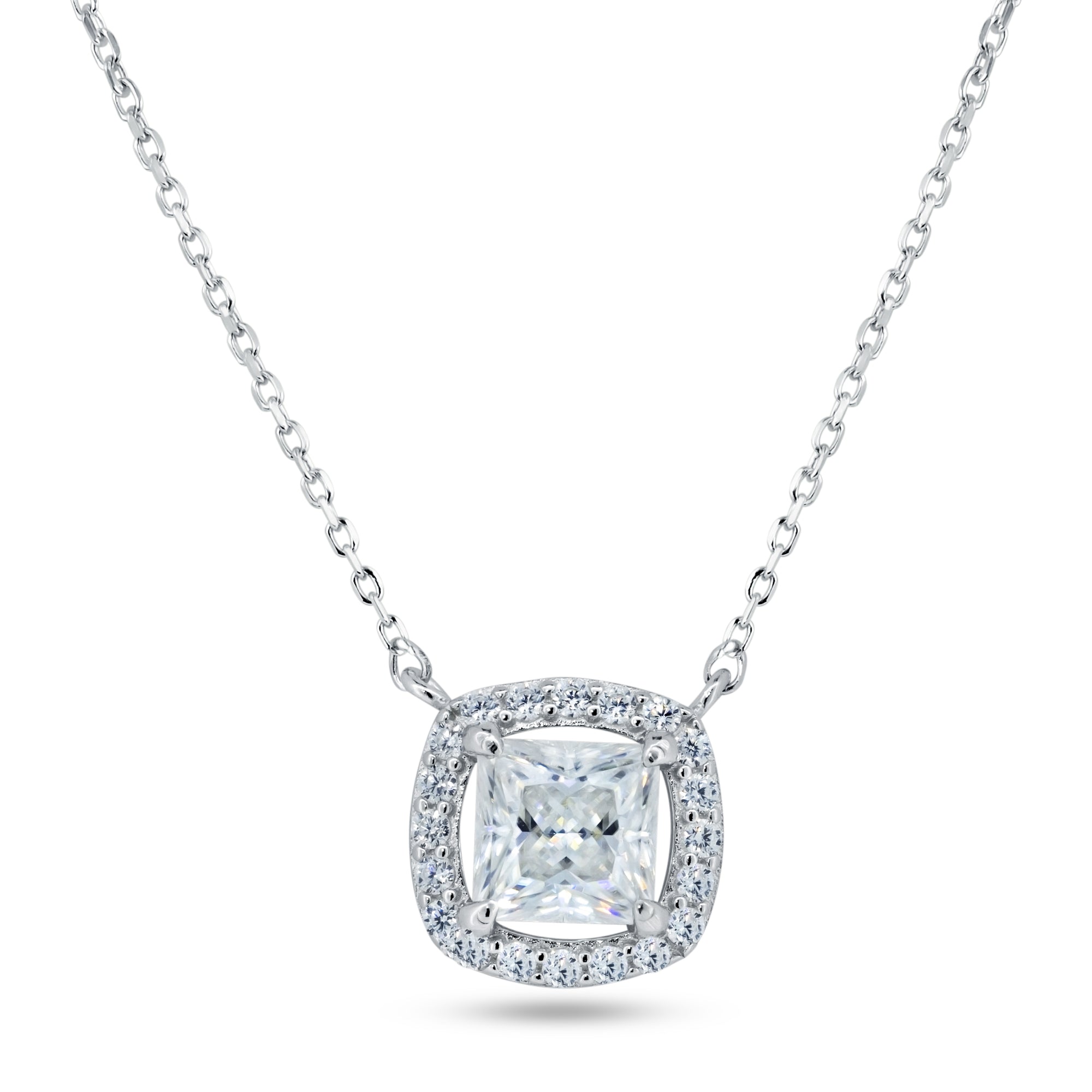 Silver Rhodium 925 Square Halo Moissanite Necklace - MBGP00001