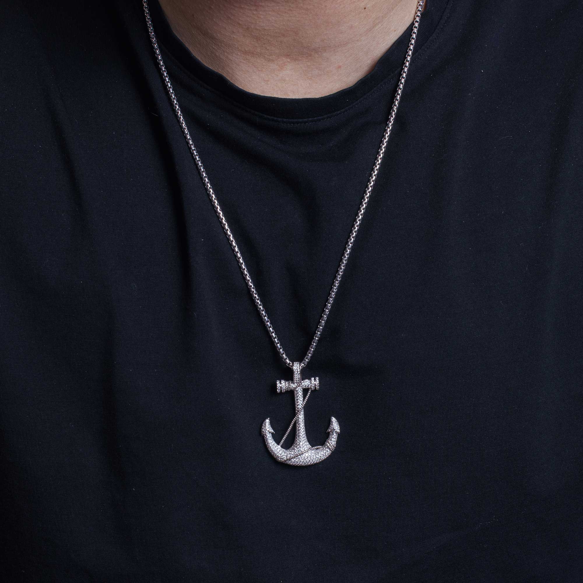 Rhodium Plated 925 Sterling Silver CZ Anchor Hip Hop Pendant - SLP00047.