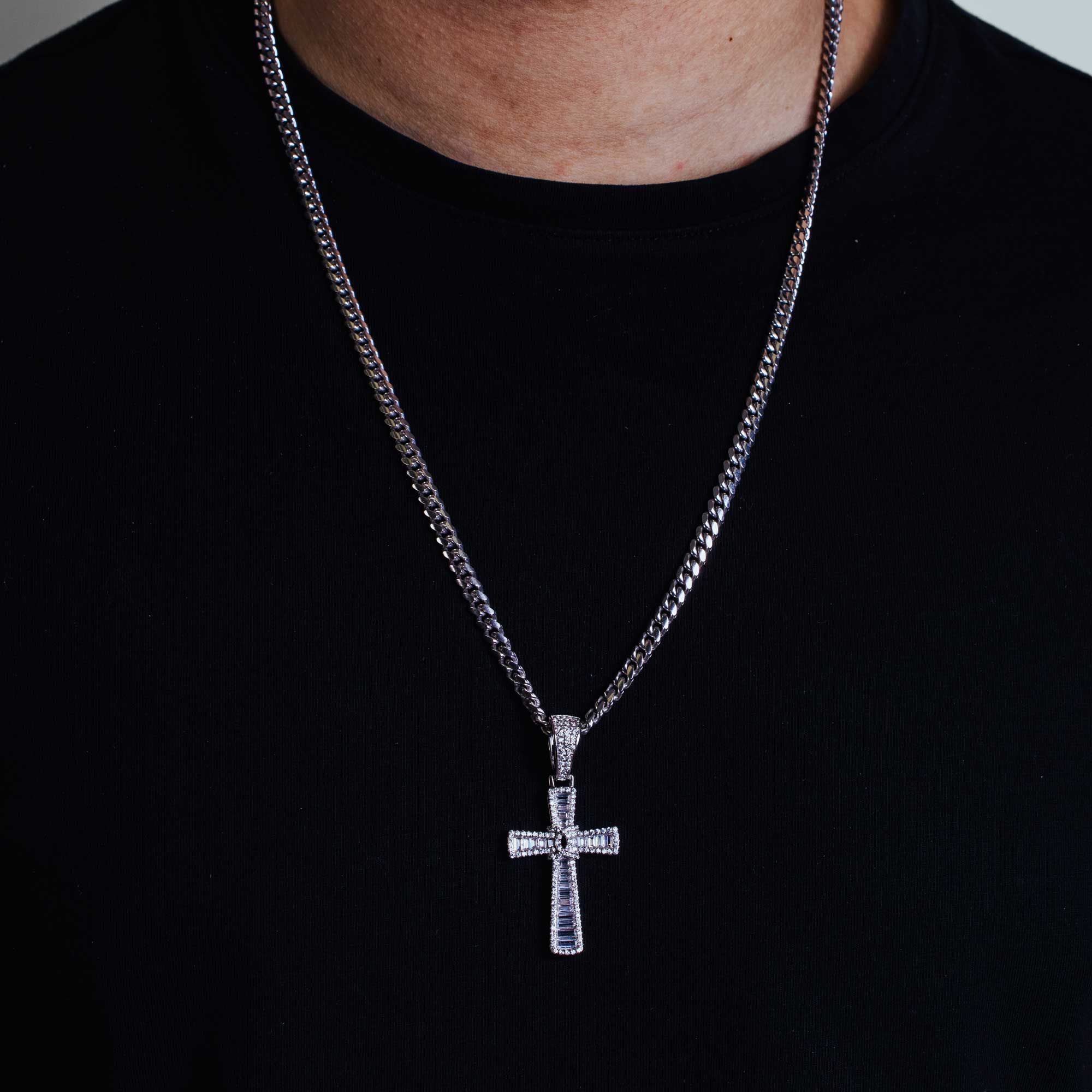 Rhodium Plated 925 Sterling Silver CZ Cross Hip Hop Pendant - SLP00262