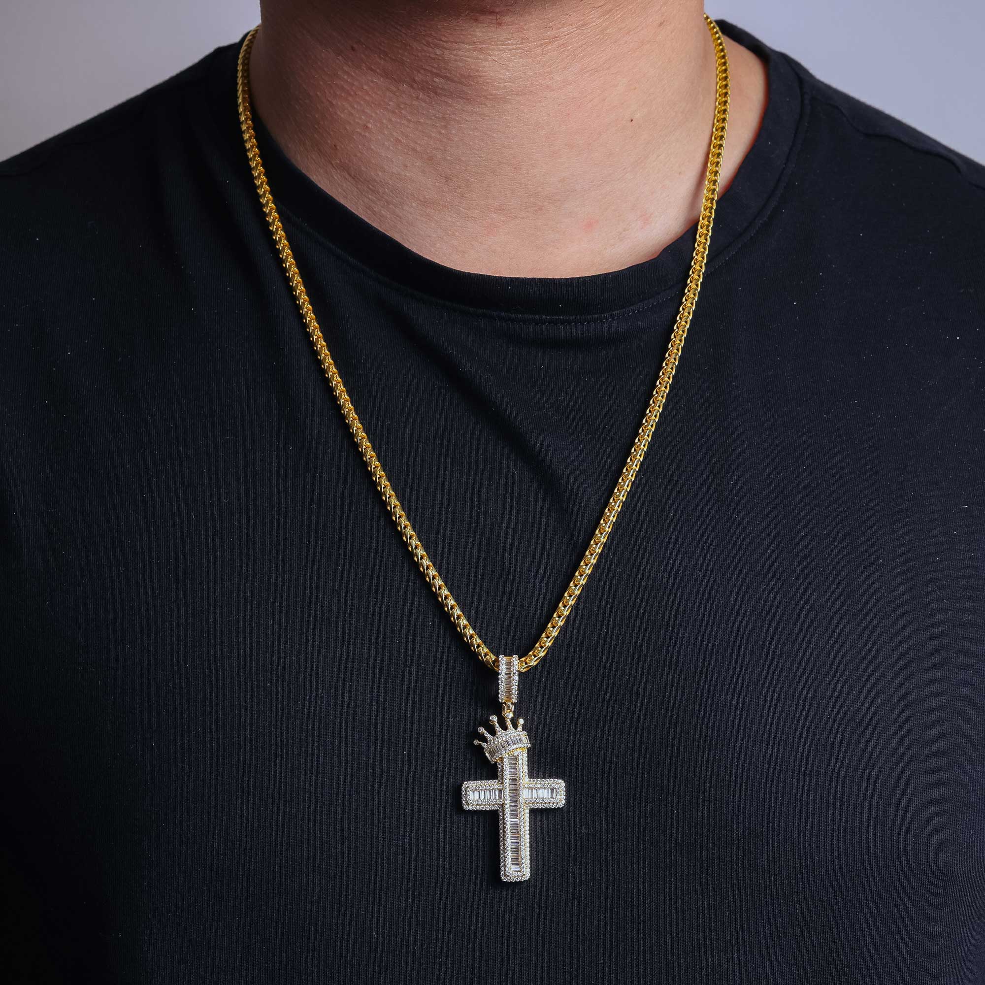 Gold Plated 925 Sterling Silver CZ  Crown Cross Hip Hop Pendant - SLP00269GP