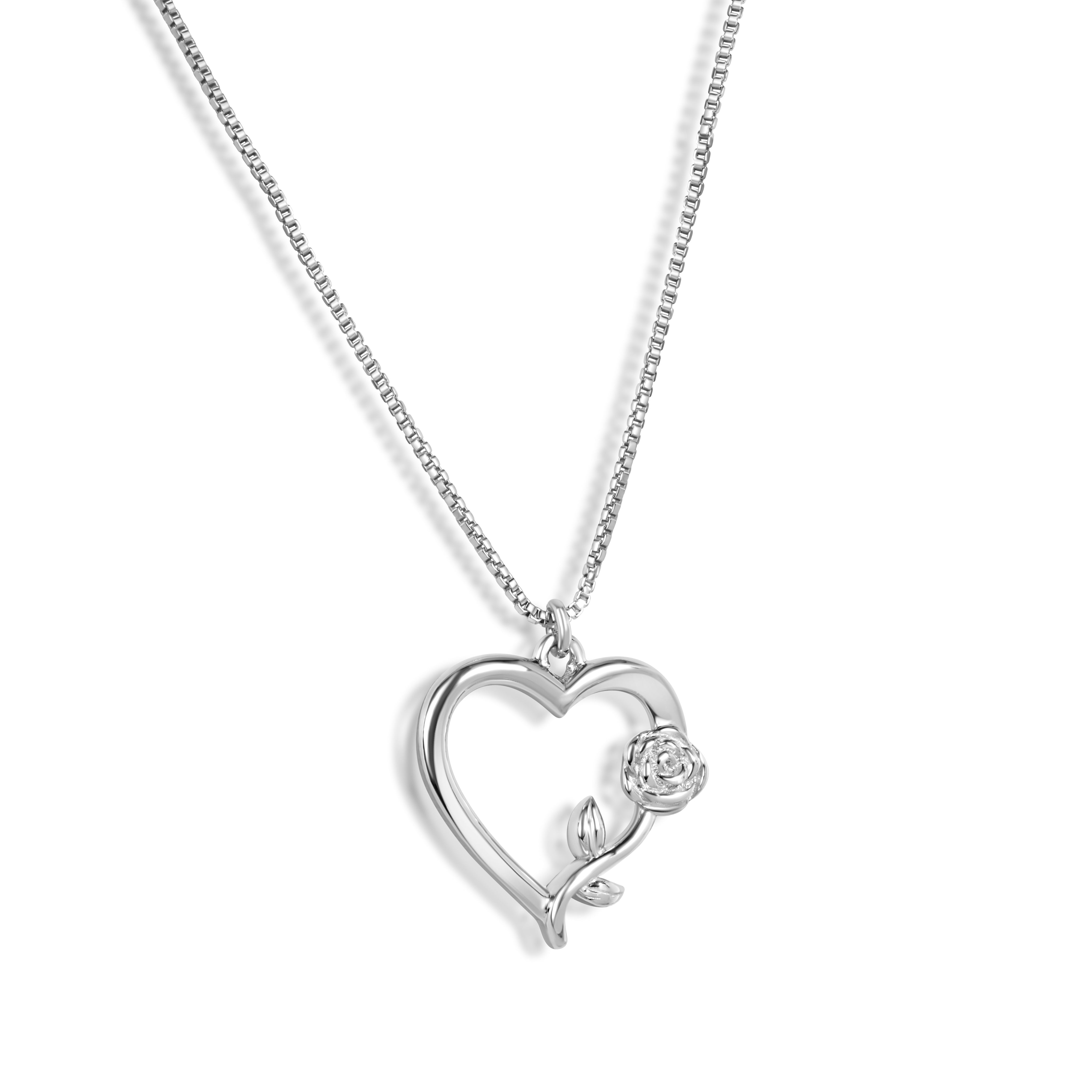 Rhodium Plated 925 Sterling Silver Heart Rose Necklace Pendant - SOP00183