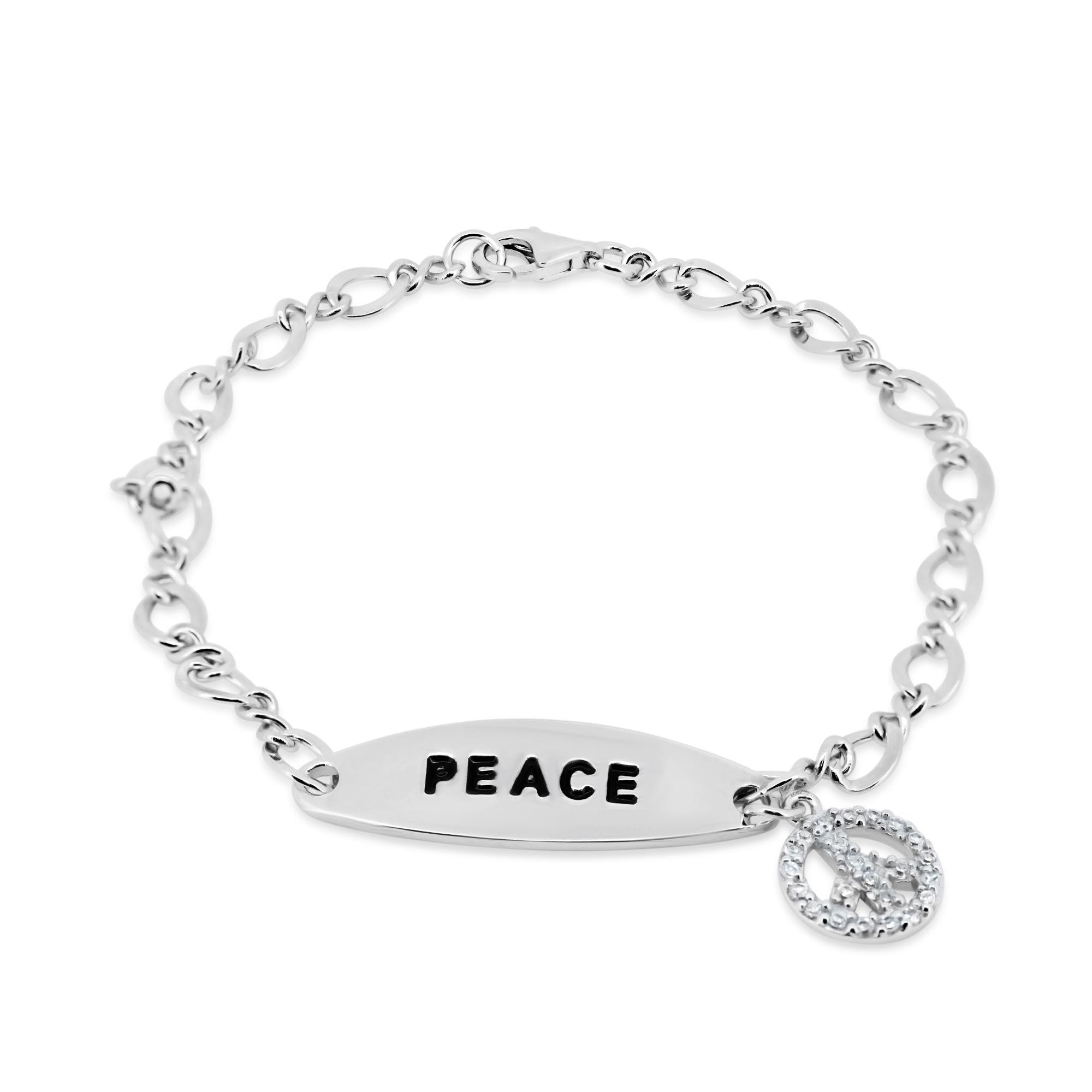 Closeout-Rhodium Plated 925 Sterling Silver Peace Charm CZ Bracelet - STB00317