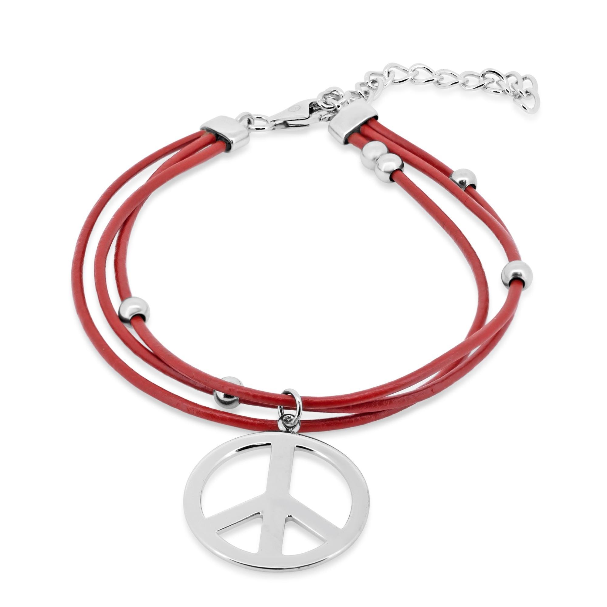 Rhodium Plated 925 Sterling Silver Peace Red Multi Strand Leather Adjustable Bracelet - STB00356