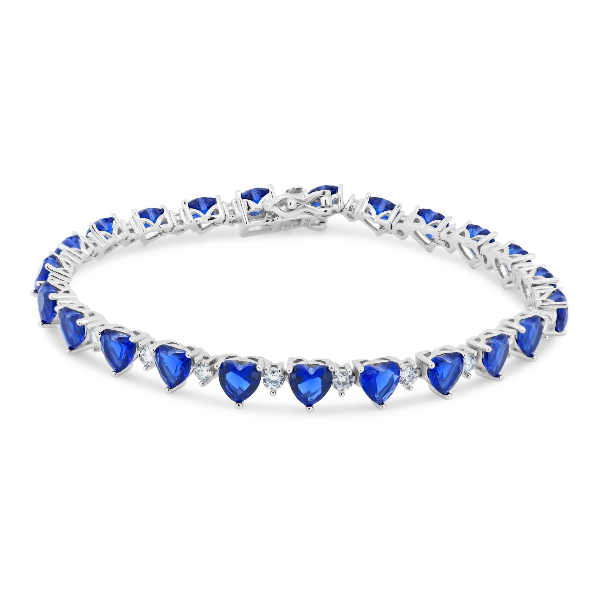 Rhodium Plated 925 Sterling Silver Heart Blue CZ 6mm Tennis Bracelet - STB00622BLUE