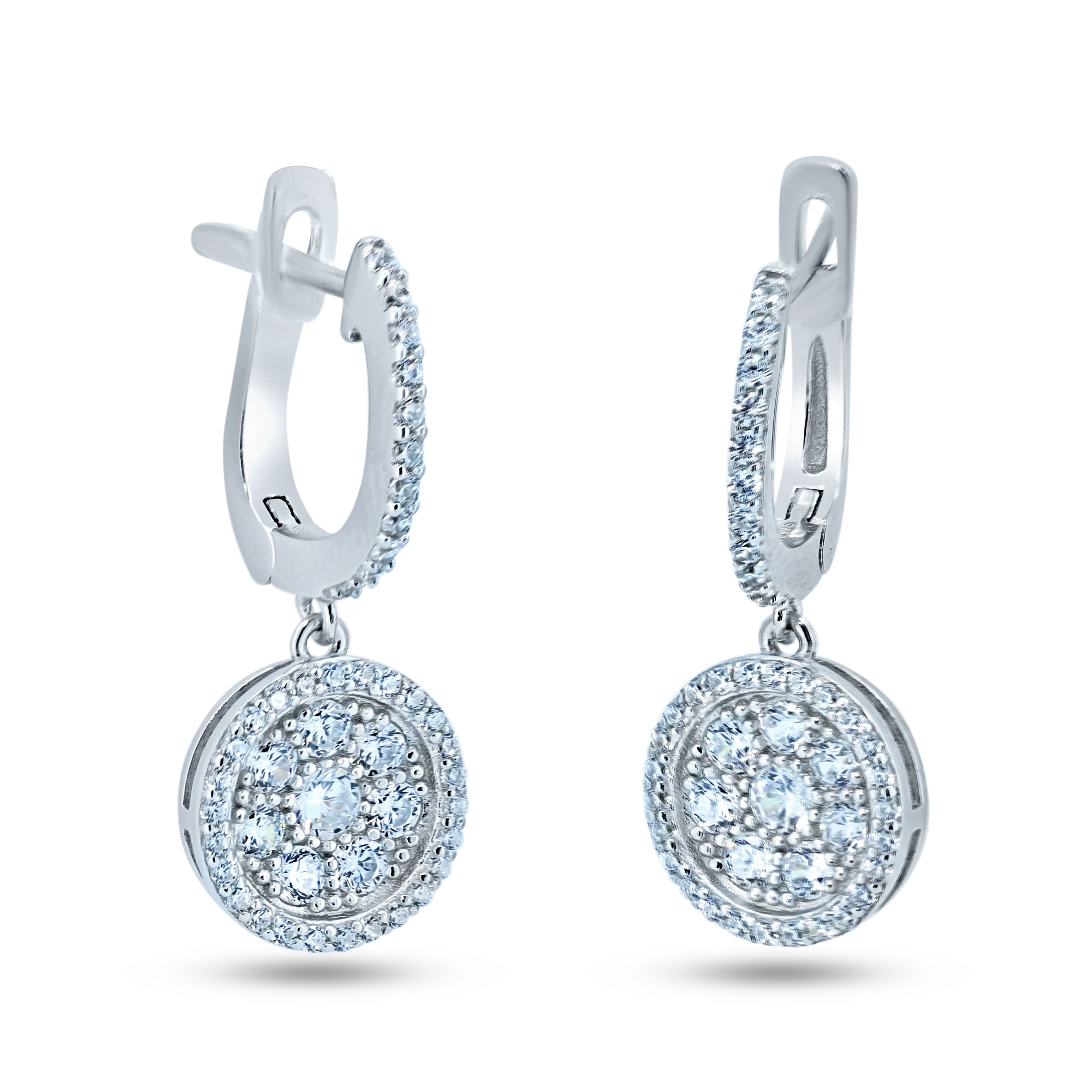 Sterling Silver Rhodium Plated Dangling CZ Encrusted Disc Hoop Earrings - STE01368