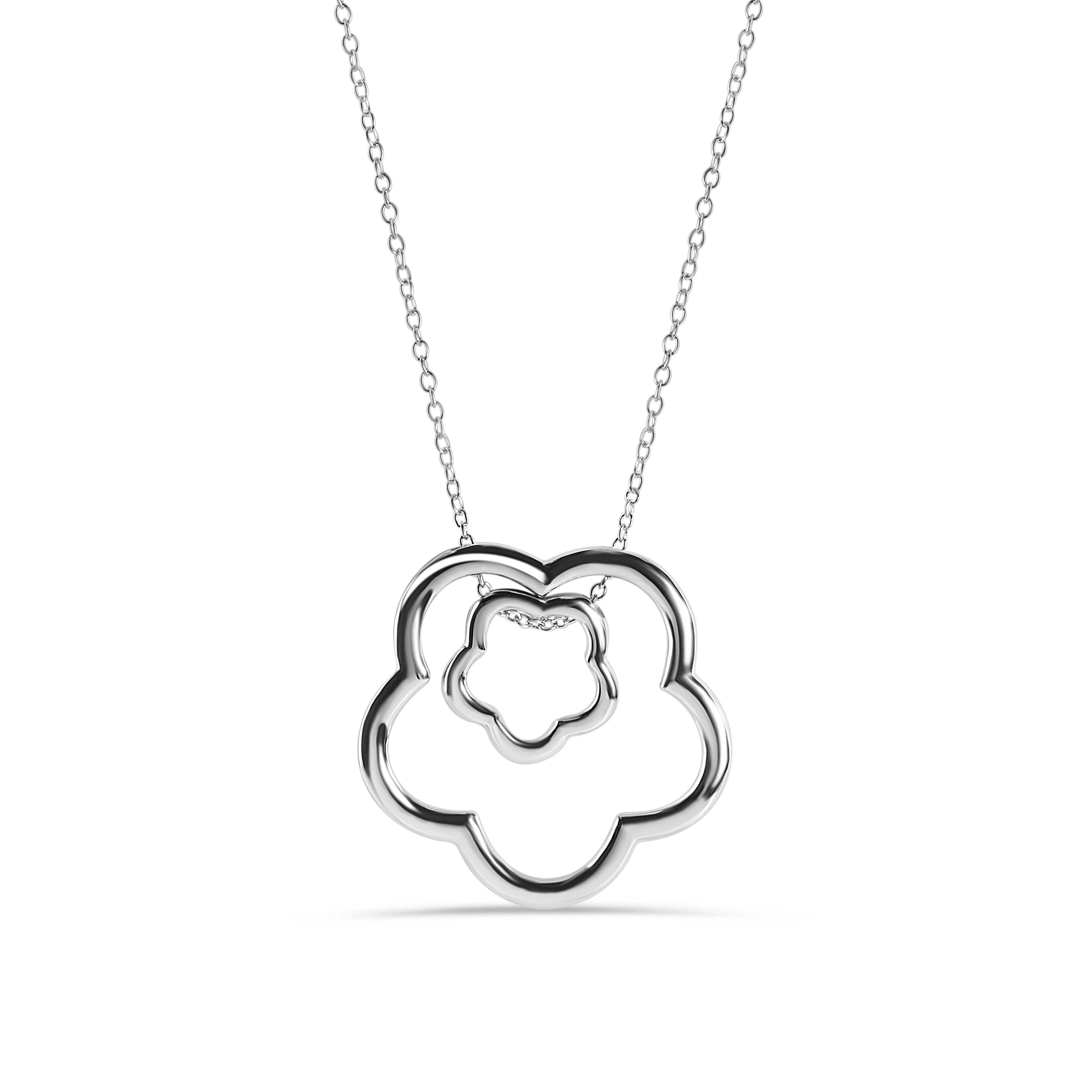 Rhodium Plated 925 Sterling Silver Abstract Two Daisy Flower  Pendant Adjustable Necklace - STP00155