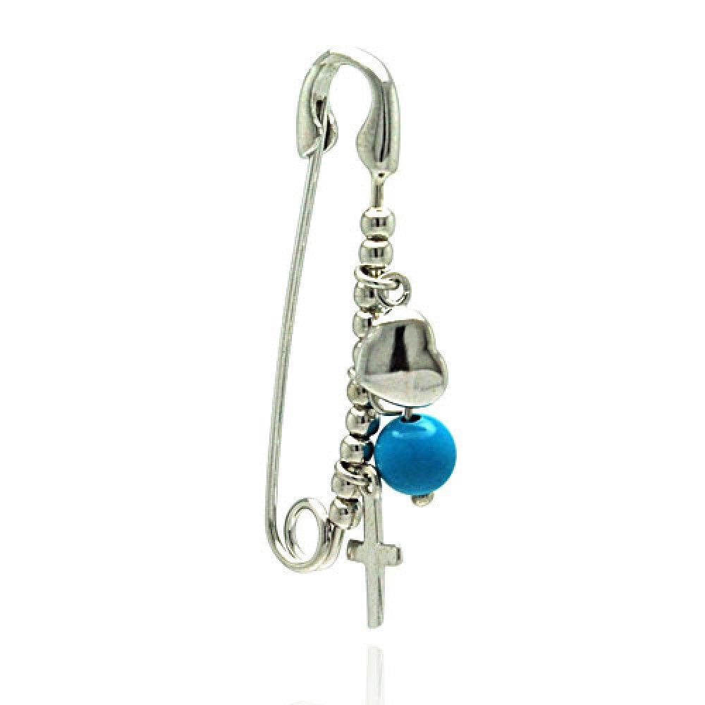 Silver 925 Rhodium Plated Cross, Heart and Blue Bead Pin - STP01059