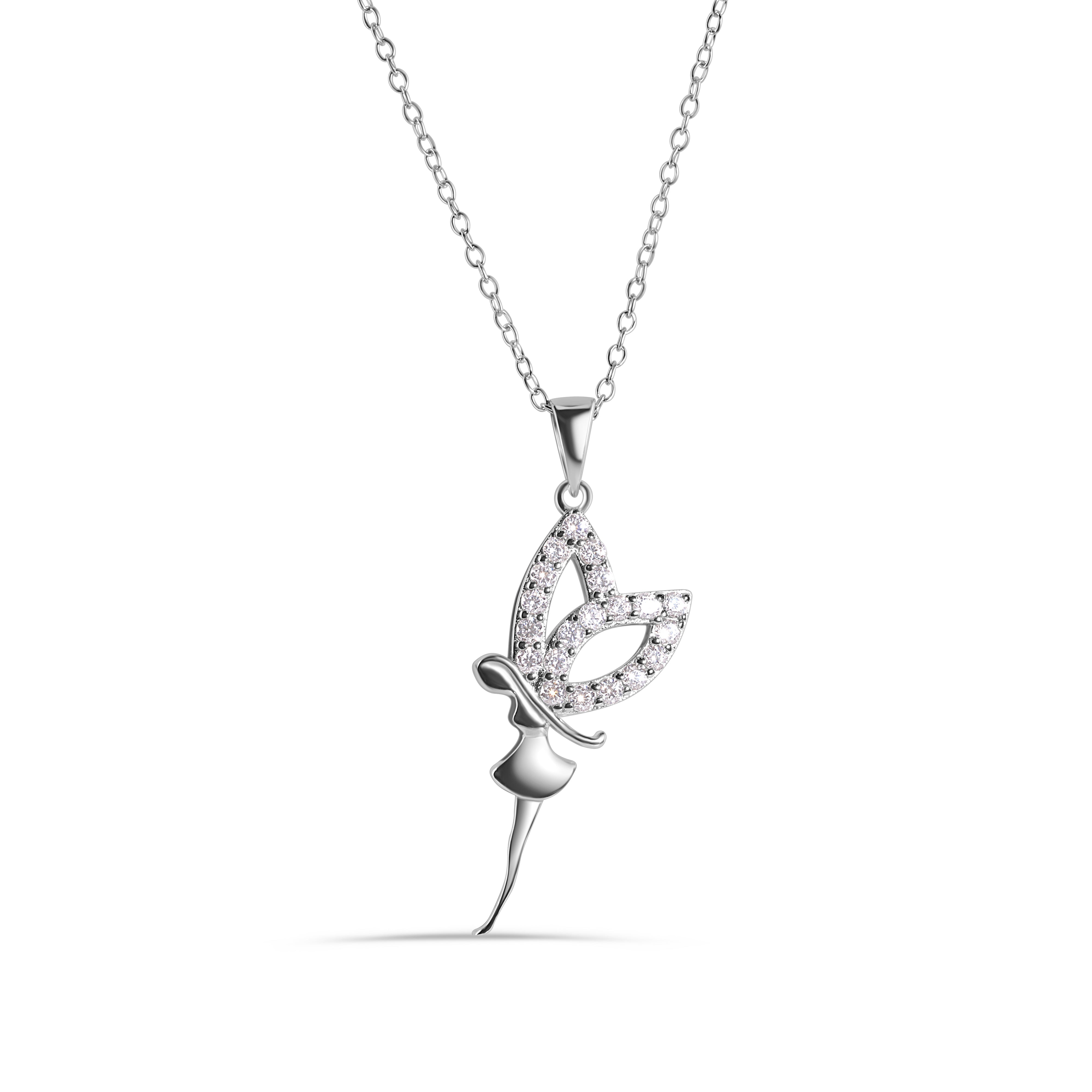 Rhodium Plated 925 Sterling Silver Fairy with Clear CZ Wings Adjustable Necklace - STP01349