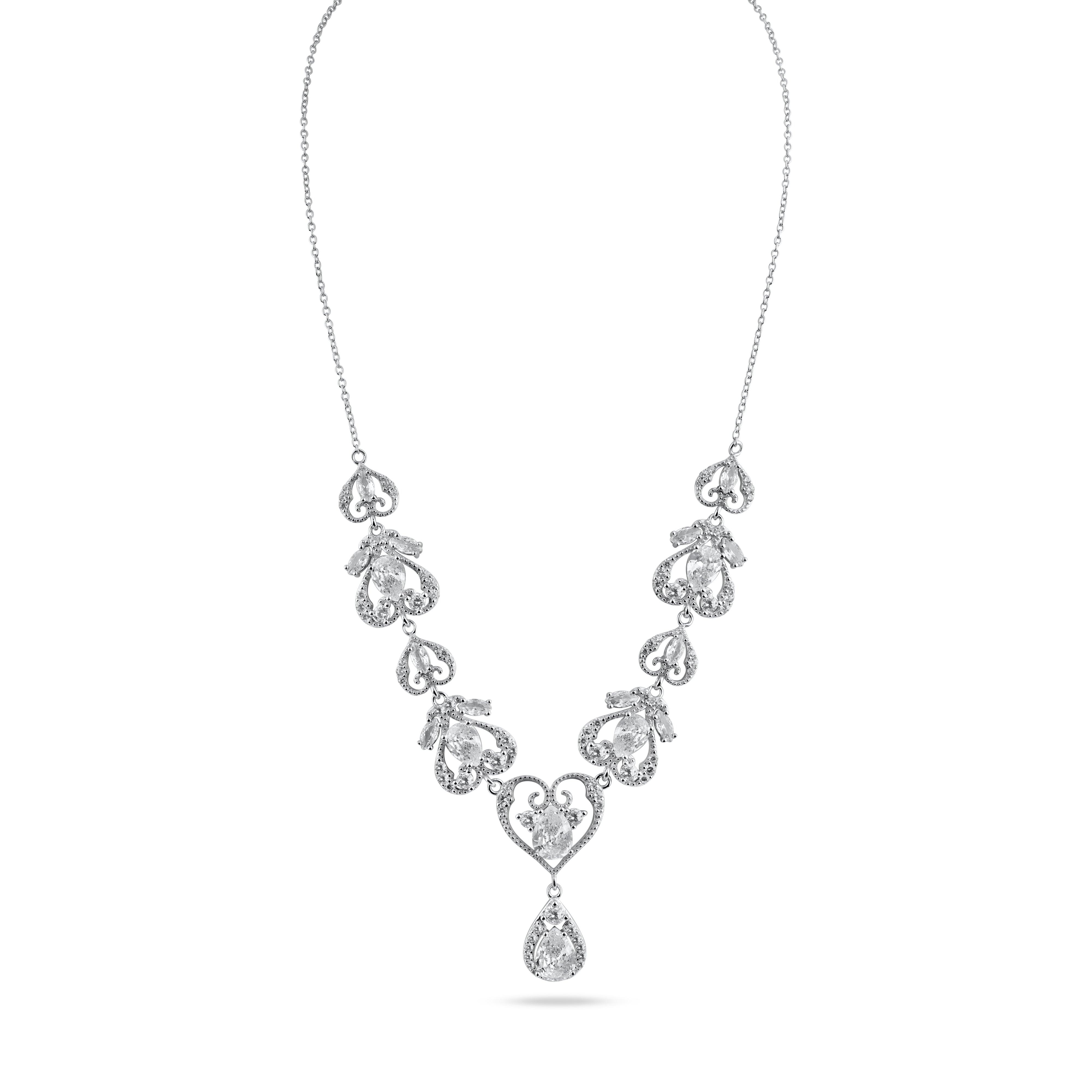 Rhodium Plated 925 Sterling Silver Victorian Hearts Teardrop Clear CZ Necklace - STP01841