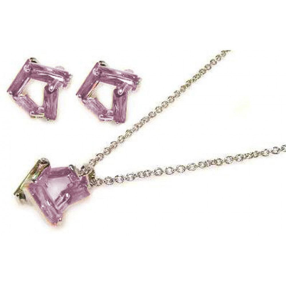 Closeout-Silver 925 Rhodium Plated Pink Baguette CZ Stud Earring and Necklace Set - STS00003-PNK