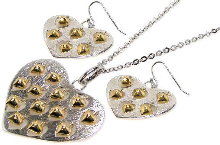 Closeout-Rhodium Plated 925 Sterling Silver Large Heart Pendant and Small Heart Earrings Set with Heart Charms - STS00075