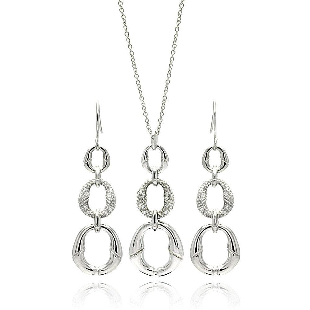 Silver 925 Rhodium Plated Open Oval CZ Dangling Earring and Necklace Set - STS00090