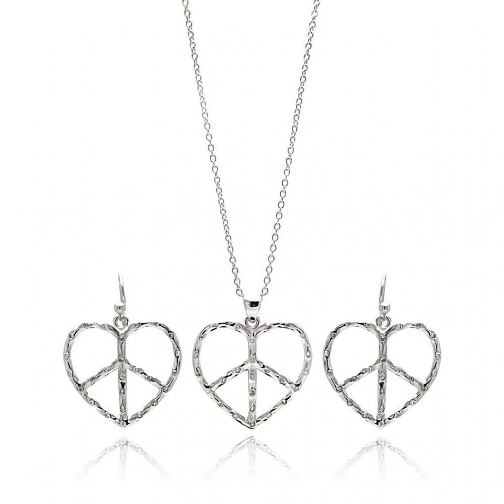 Silver 925 Rhodium Plated Open Peace Sign Heart CZ Dangling Hook Earring and Necklace Set - STS00218