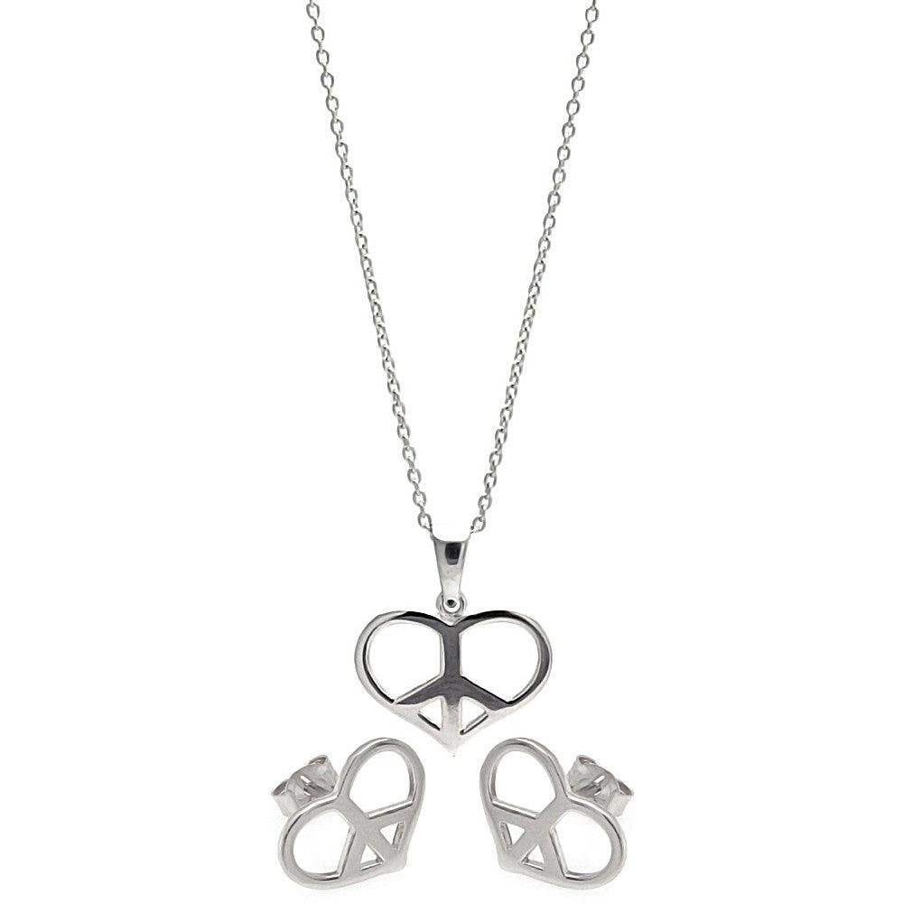 Silver 925 Rhodium Plated Open Heart Peace Sign CZ Stud Earring and Necklace Set - STS00234