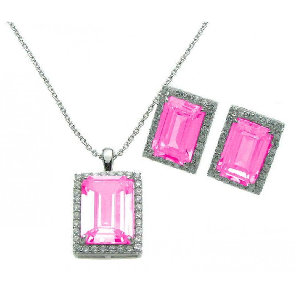 Silver 925 Rhodium Plated Rectangle Pink CZ Stud Earring and Necklace Set - STS00275-PNK