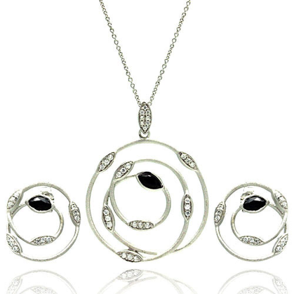 Closeout-Silver 925 Rhodium Plated Open Round Wire Marquis Clear and White CZ Inlay Stud Earring and Necklace Set - STS00384