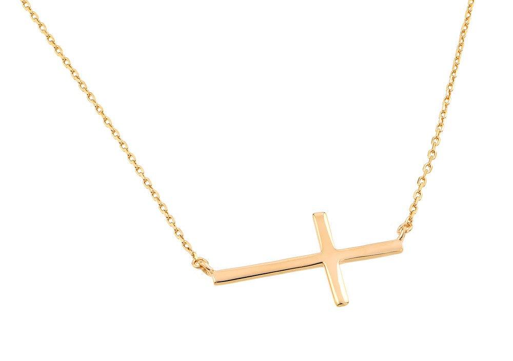 Silver 925 Gold Plated Plain Sideways Solid Cross Pendant Necklace - BGP00821GP