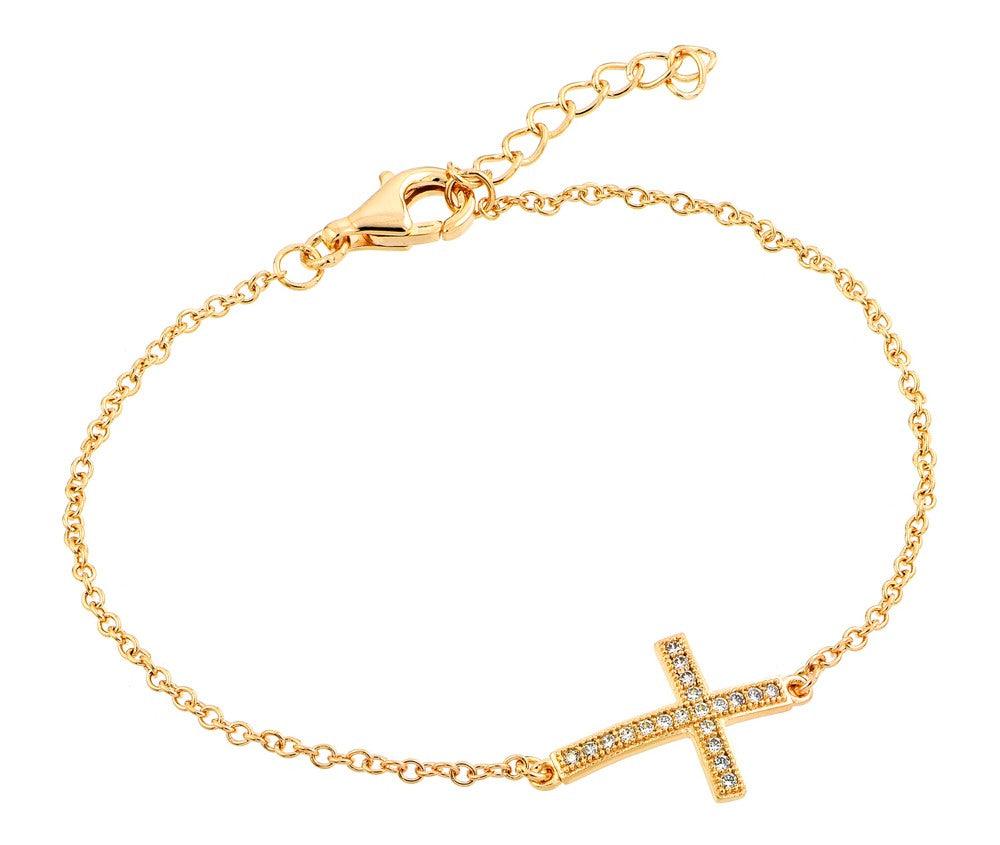 Silver 925 Gold Plated Sideways Cross CZ Bracelet - BGB00159