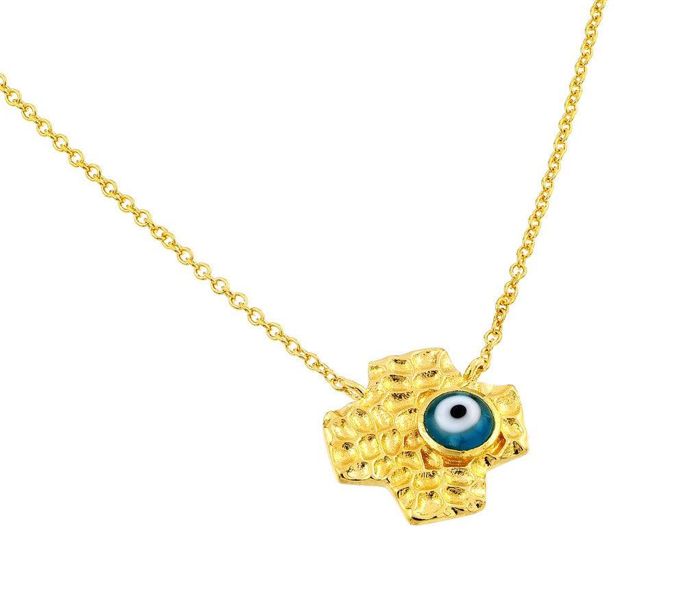 Silver 925 Gold Plated Evil Eye Blue Iris Square Cross Pendant Necklace - BGP00841GP