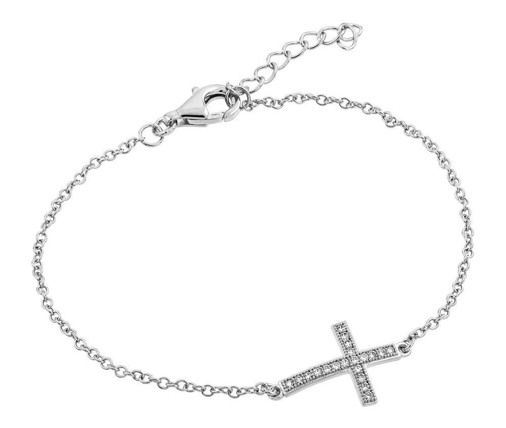 Silver 925 Rhodium Plated Sideways Cross CZ Bracelet - BGB00157