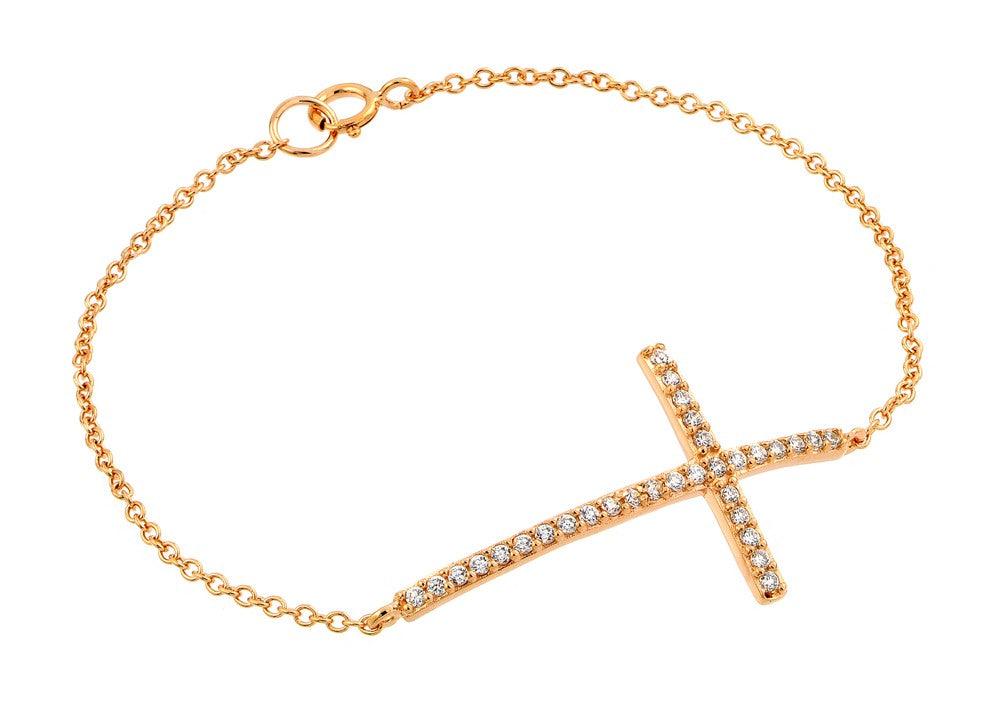 Silver 925 Rose Gold Plated Sideways Cross CZ Bracelet - BGB00147