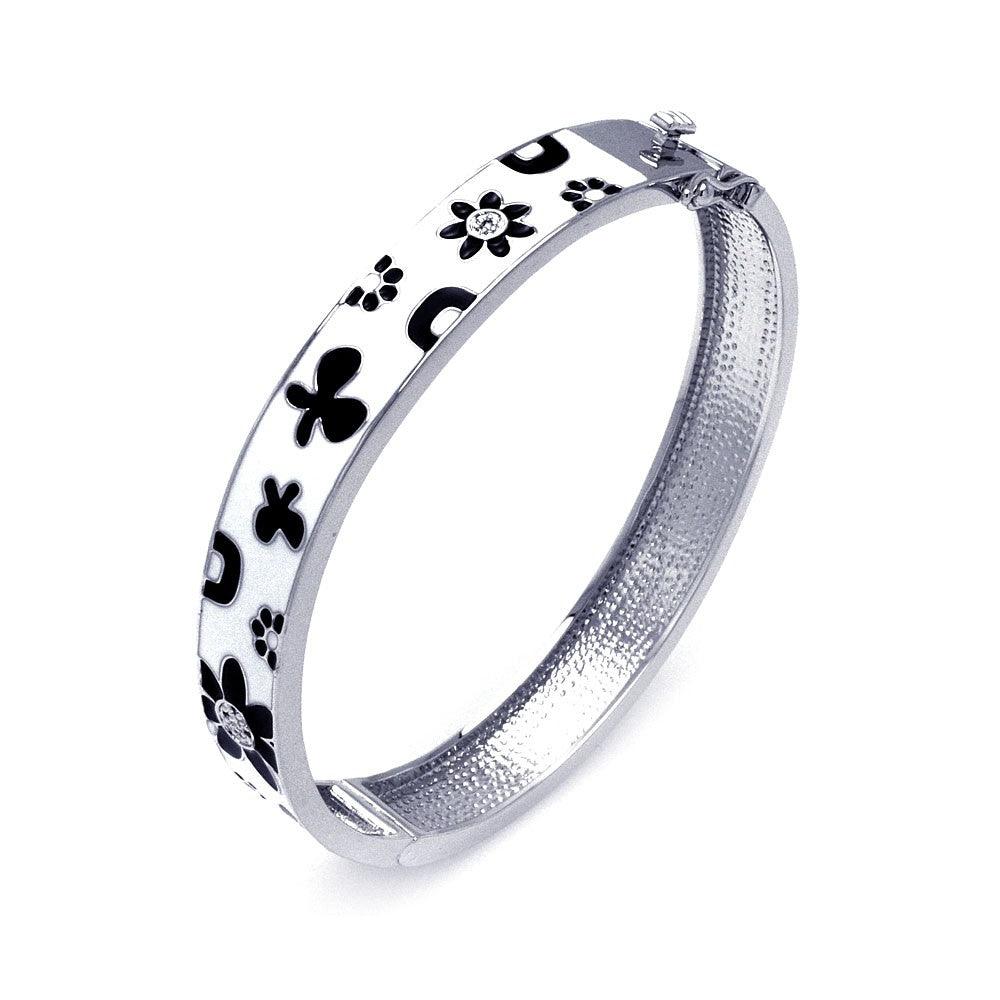 Silver 925 Rhodium Plated White Enamel Flower Design CZ Bangle Bracelet - BGG00027