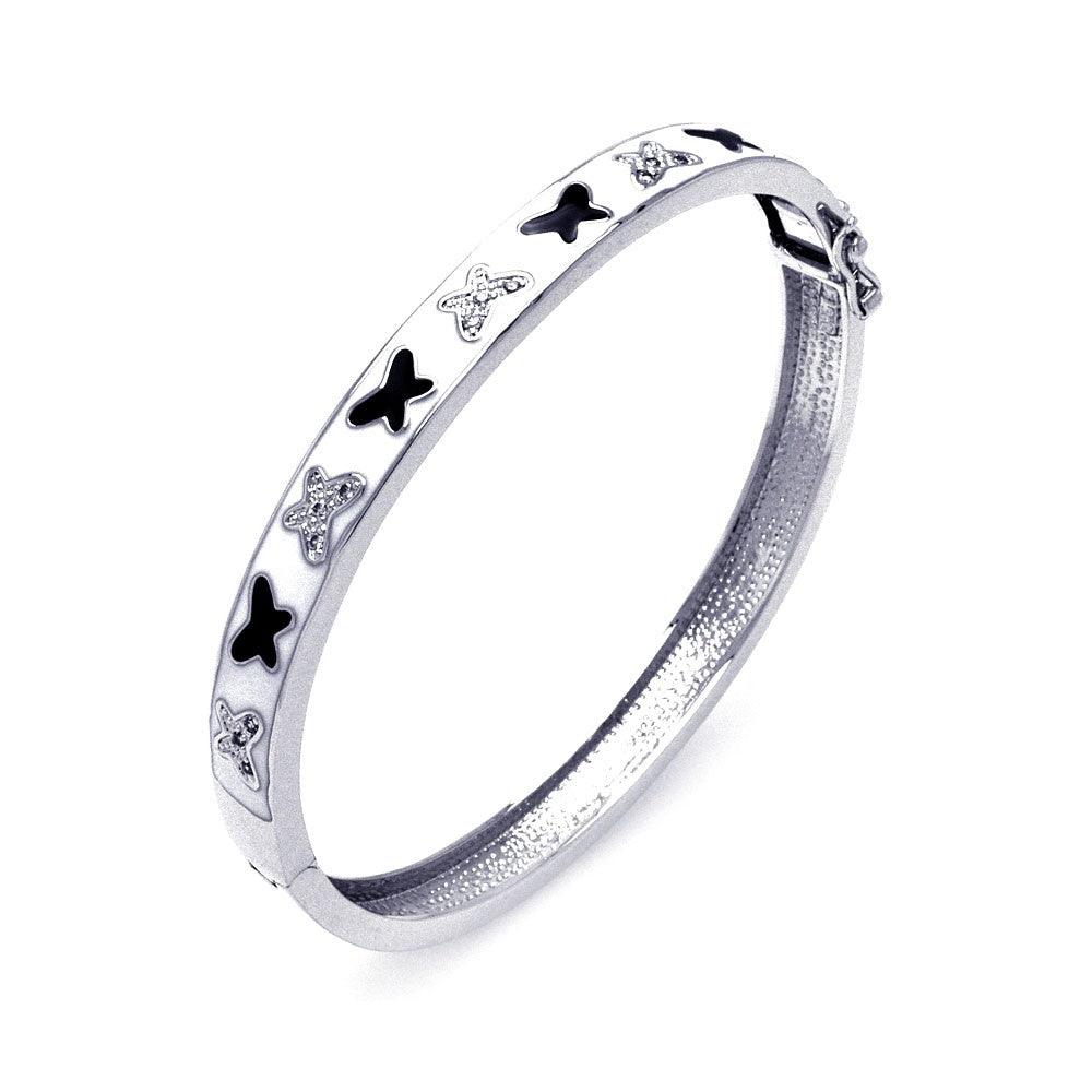 Closeout-Sterling Silver Rhodium Plated White Enamel Butterfly Design CZ Bangle Bracelet - BGG00028