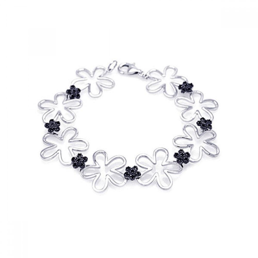 Silver 925 Black and Rhodium Plated Multiple Open Flower CZ Bracelet - BGB00046