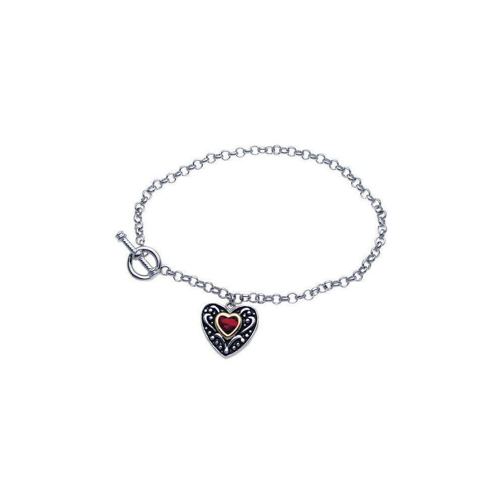 Closeout-Silver 925 Rhodium Plated Dangling Red Heart CZ Inlay Bracelet - BGB00064