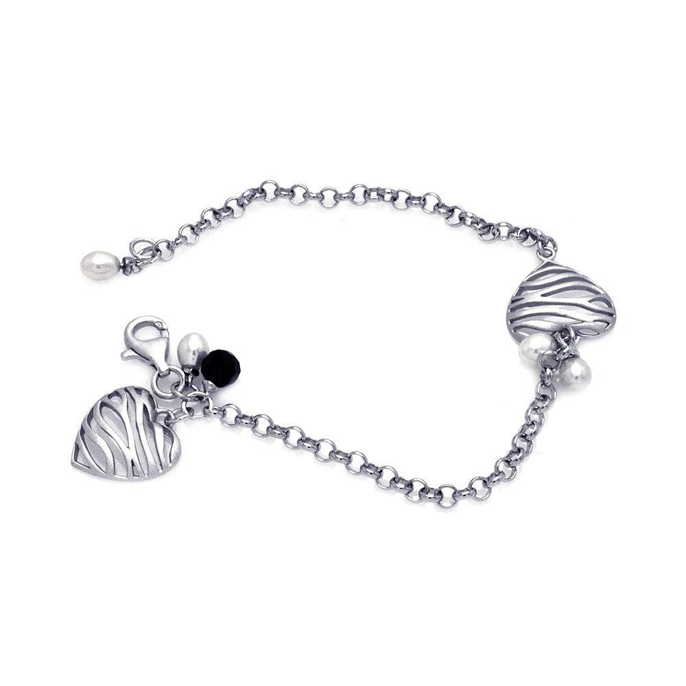 Closeout-Silver 925 Rhodium Plated Matte Finish Hanging Two Pearl Zebra Patter Open Heart Bracelet - BGB00072