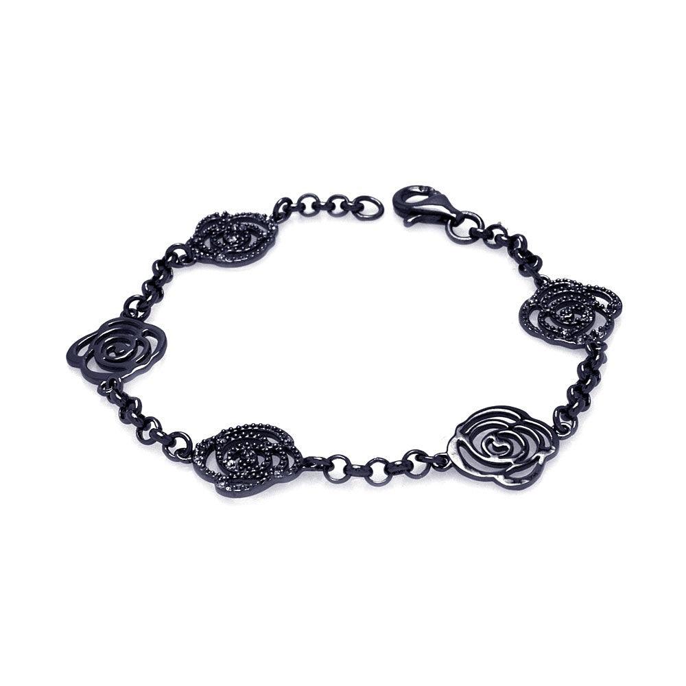 Closeout-Silver 925 Black Rhodium Plated Open Flower Outline Bracelet - BGB00074