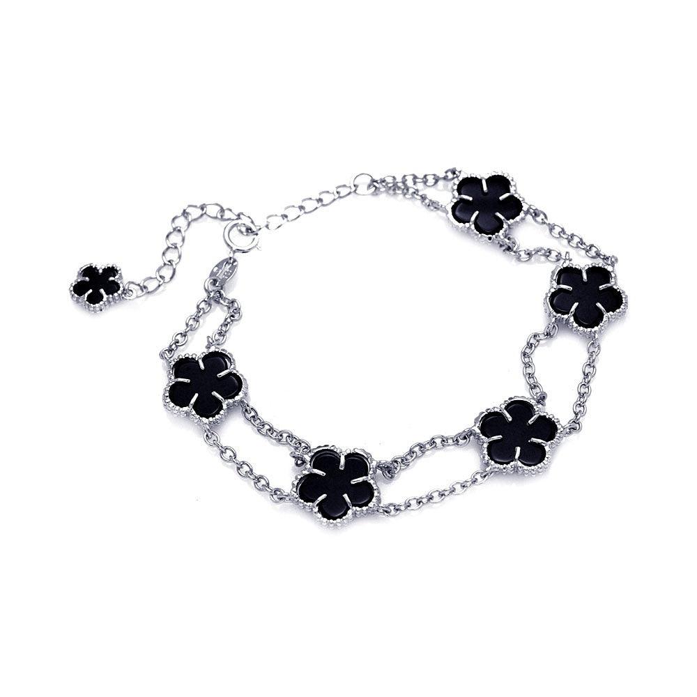 Silver 925 Rhodium Plated Black Onyx Six Flower Bracelet - BGB00079