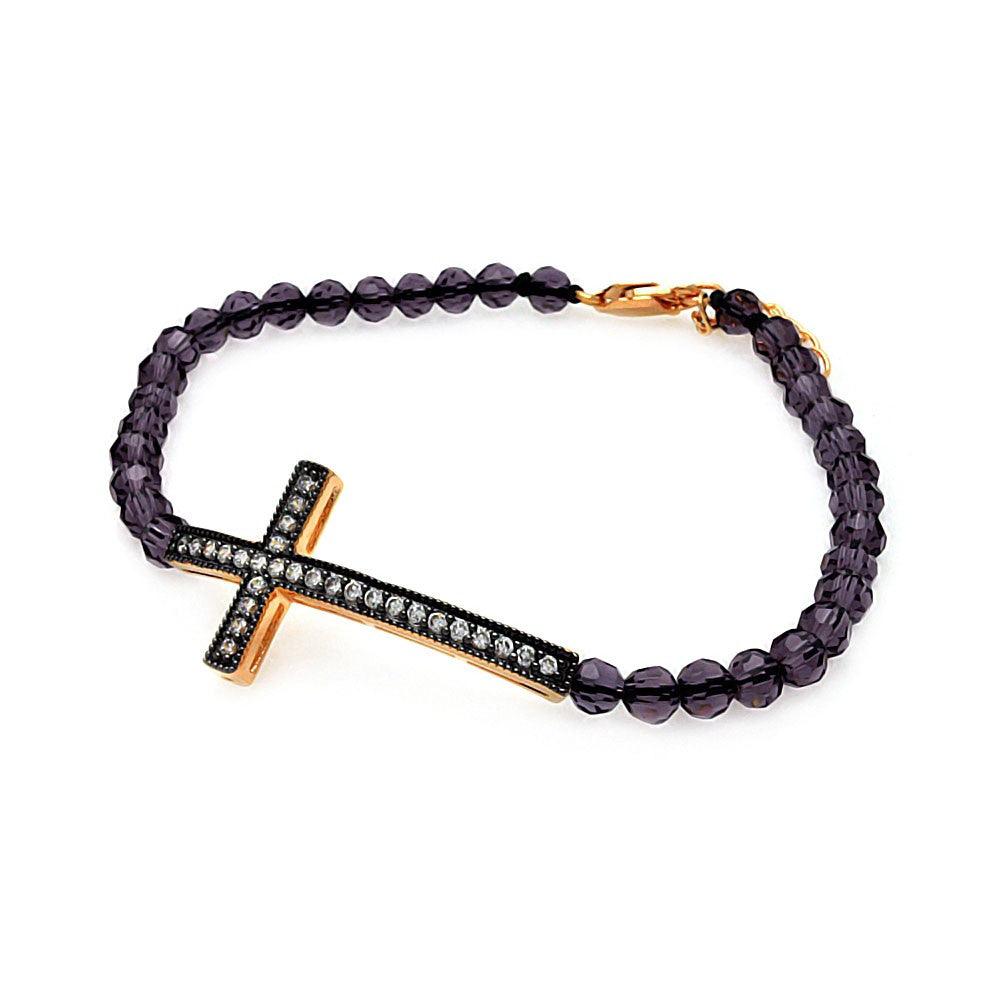 Silver 925 Gold and Black Rose Gold Plated Sideways Cross CZ Purple Beads Bracelet - BGB00108