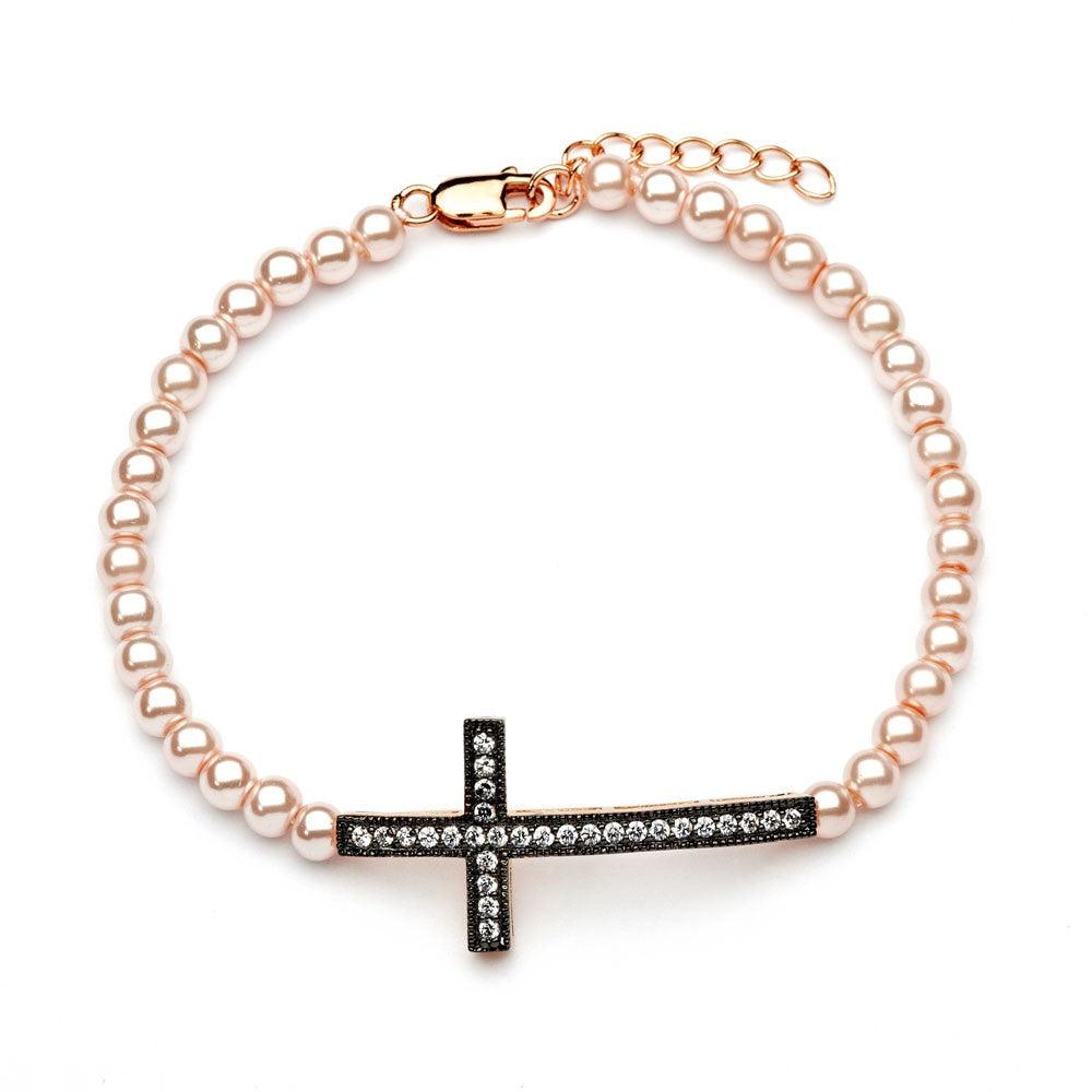 Silver 925 Gold and Silver Rhodium Plated Sideways Cross CZ Pearl Bead Bracelet - BGB00109