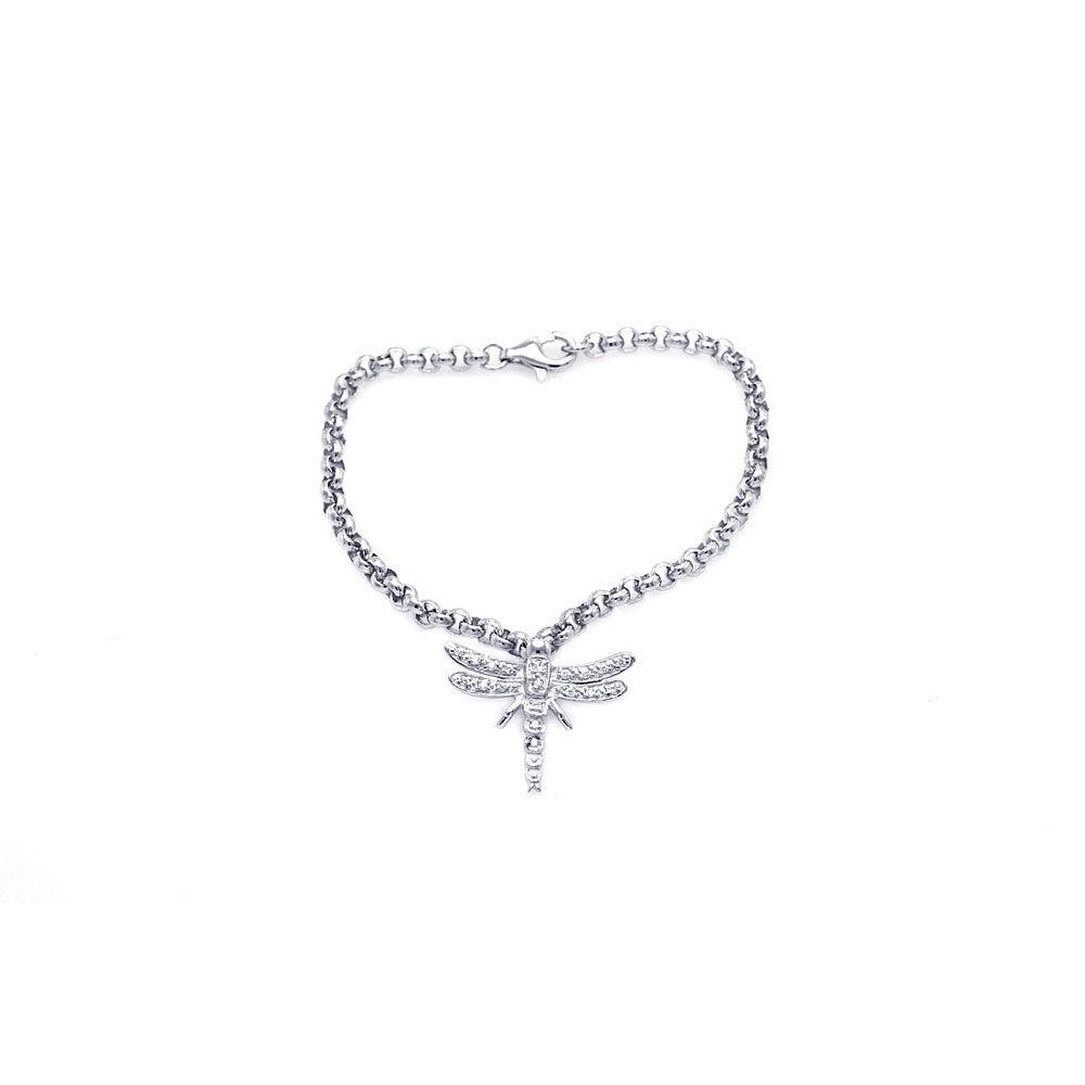 Silver 925 Rhodium Plated Clear CZ Dragonfly Bracelet - STB00047