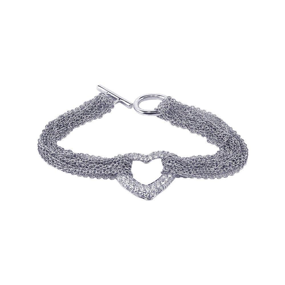 Closeout-Silver 925 Rhodium Plated Multi Chain Open Heart Micro Pave Clear CZ Bracelet - STB00260