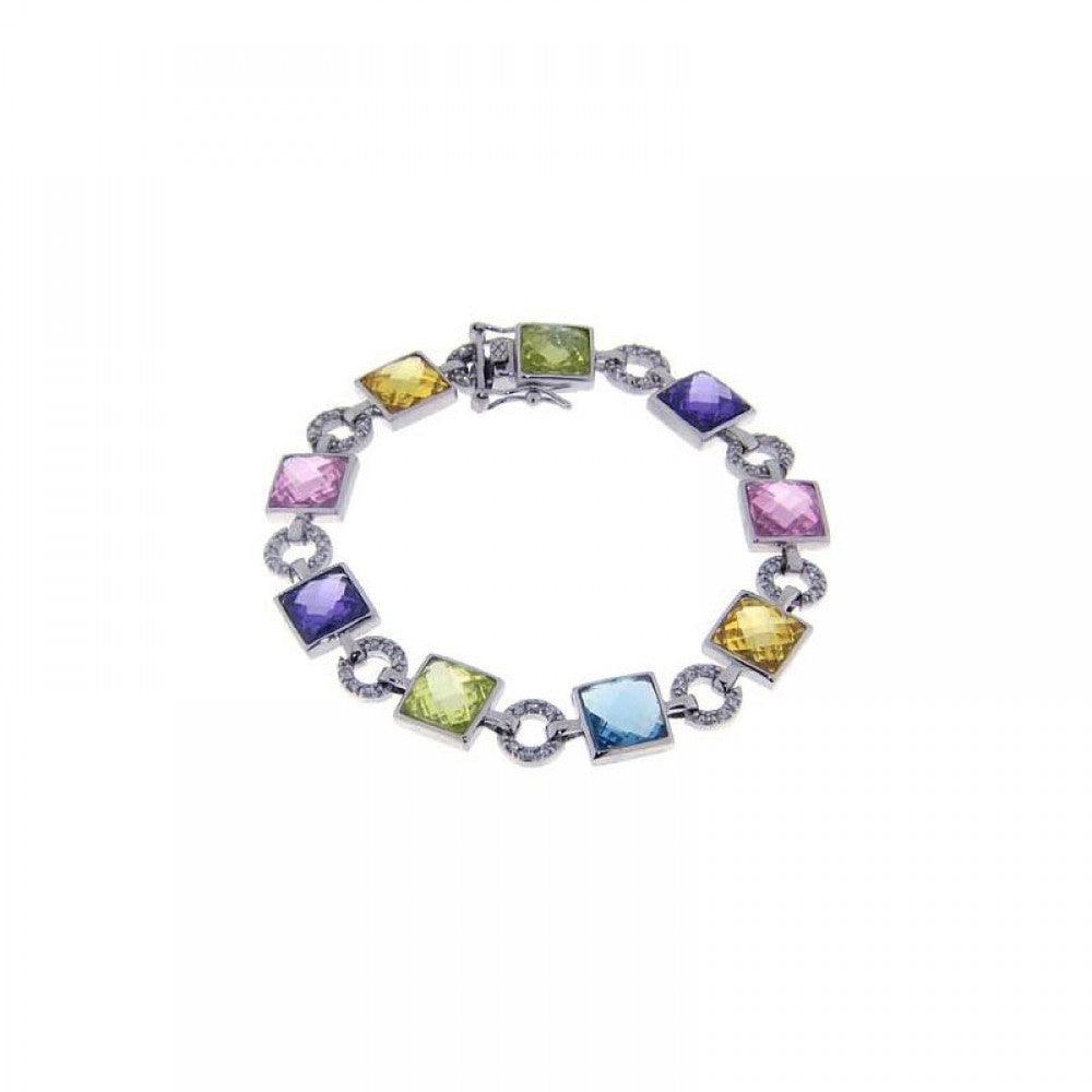 Silver 925 Rhodium Plated Multi Color Square and Circle Bracelet - STB00296