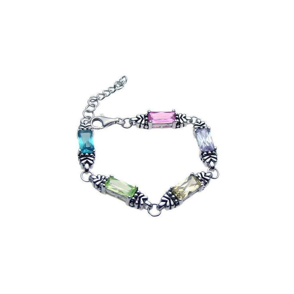 Silver 925 Rhodium Plated Rectangular Multi Color CZ Bracelet - STB00375