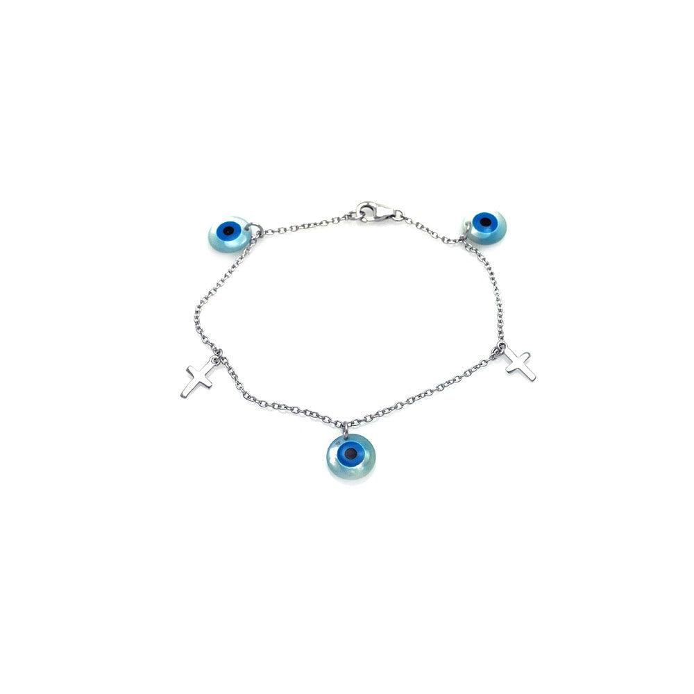 Silver 925 Rhodium Plated Cross and Evil Eye Charm Bracelet - STB00403