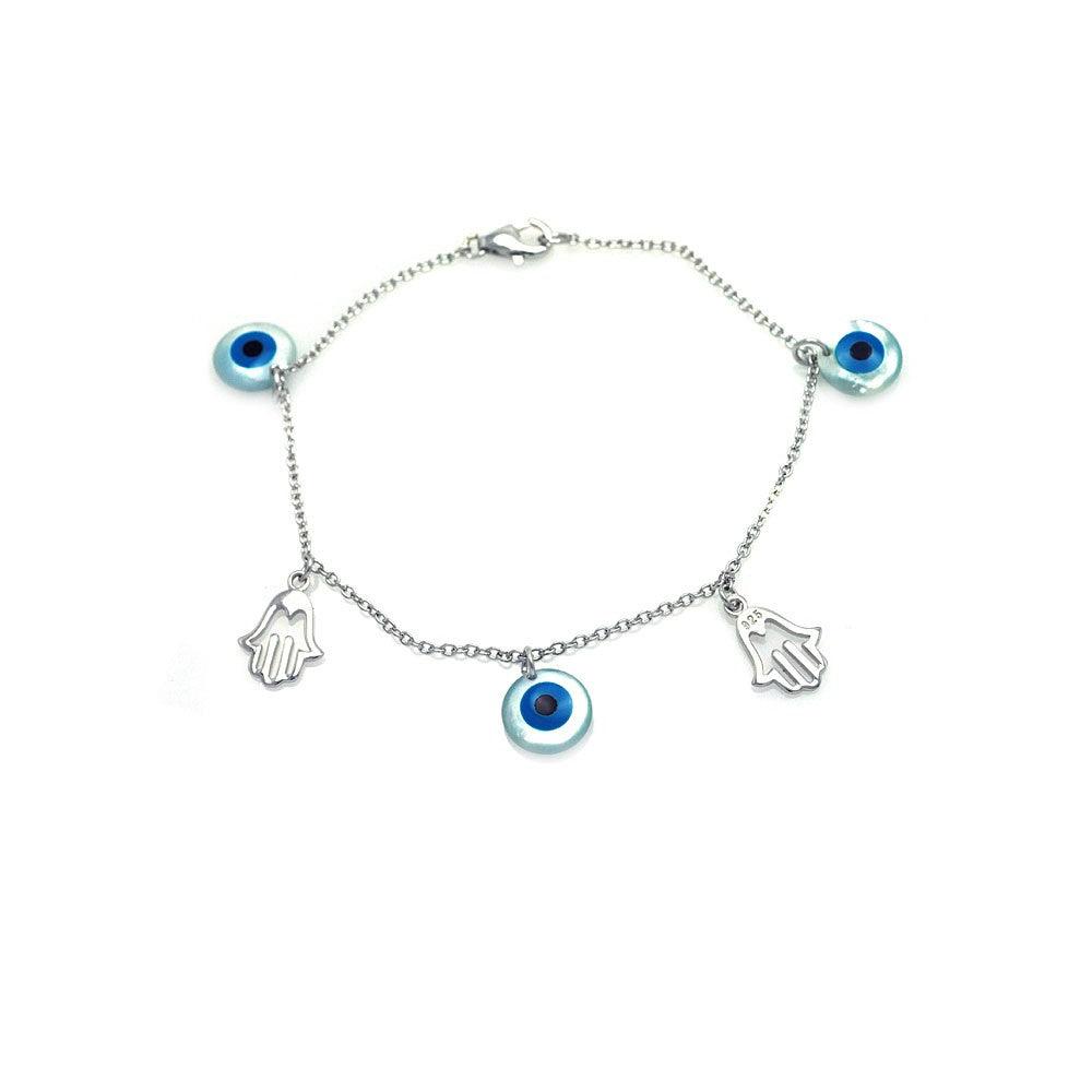 Silver 925 Rhodium Plated Hamsa and Evil Eye Charm Bracelet - STB00404