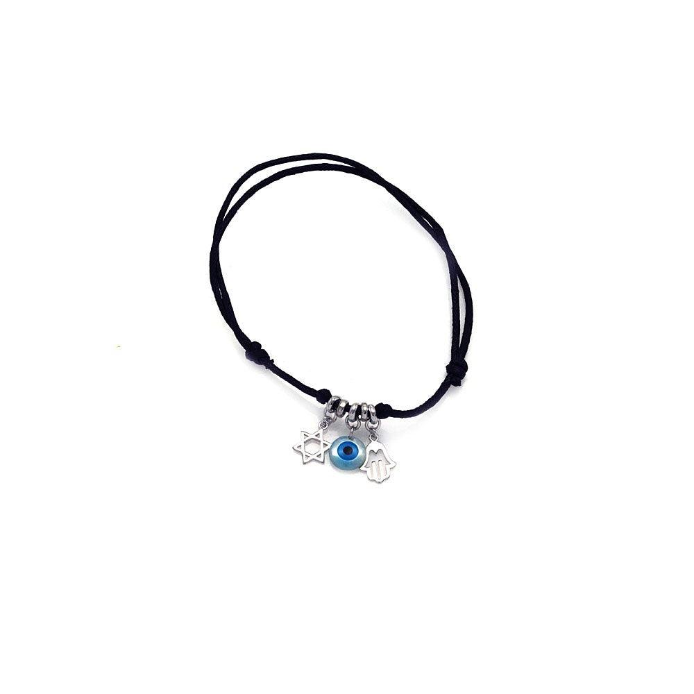 Silver 925 Rhodium Plated Star of David Evil Eye and Hamsa Black Cord Bracelet - STB00405