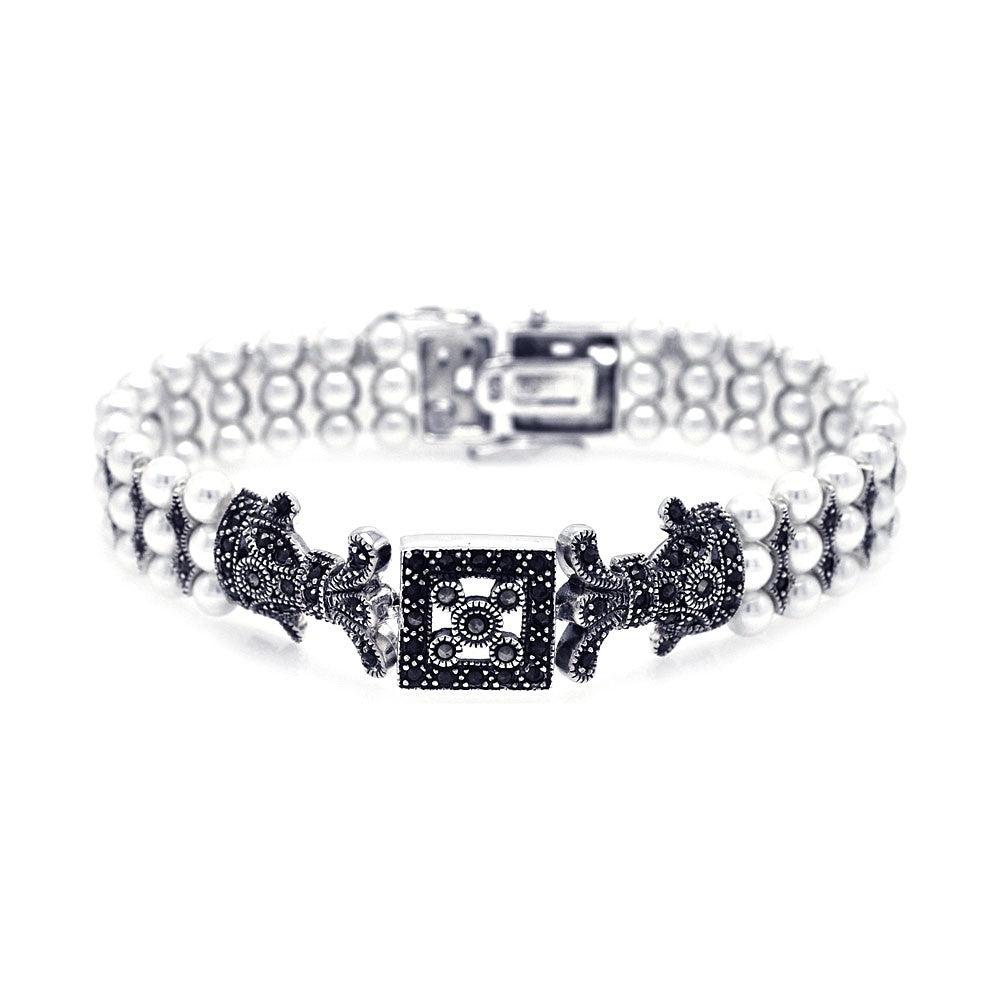 Silver 925 Rhodium Plated Pearl Marcasite and Black CZ Bracelet - STB00428