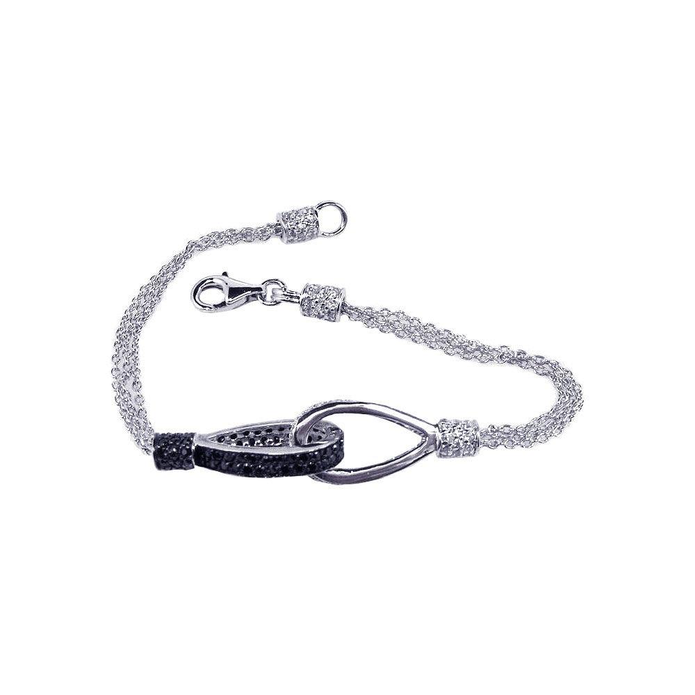 Closeout-Silver 925 Rhodium and Black Rhodium Plated Pave Set Clear and Black CZ Multi Strand Loop Bracelet - STB00281