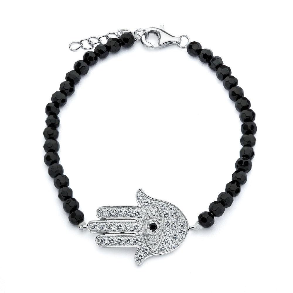 Silver 925 Rhodium Plated Hamsa Evil Eye CZ Black Bead Bracelet - BGB00172