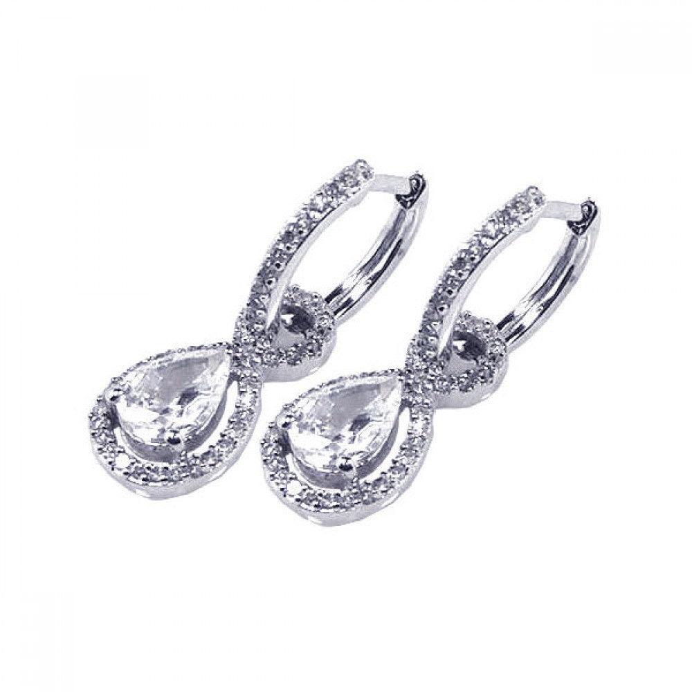 Silver 925 Rhodium Plated Micro Pave Clear Teardrop CZ Dangling huggie hoop Earrings - ACE00030