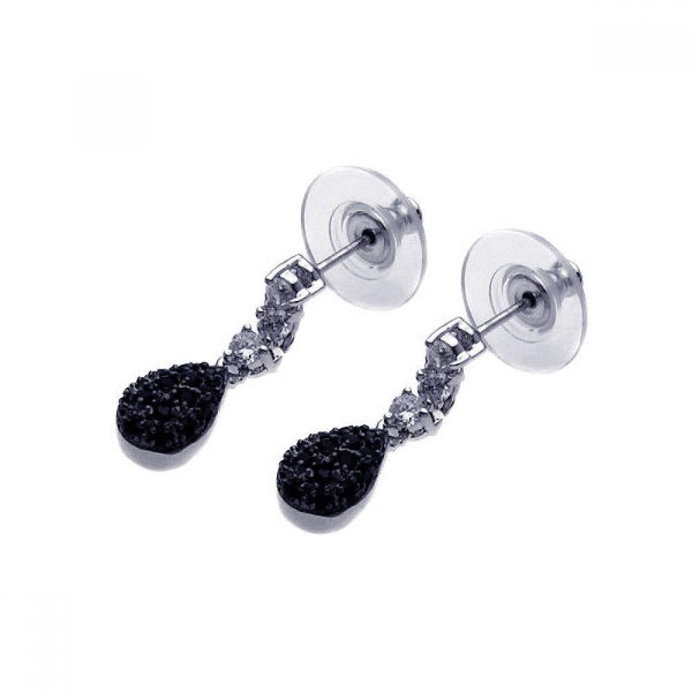 Silver 925 Rhodium Plated Black and Clear Teardrop CZ Dangling Stud Earring - BGE00026