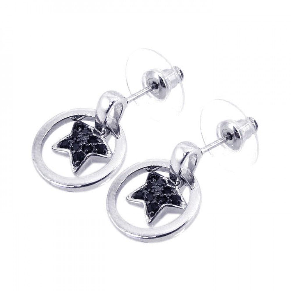 Closeout-Silver 925 Black and Silver Rhodium Plated Open Circle Heart CZ Dangling Stud Earrings - BGE00080