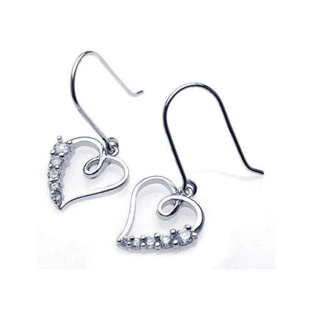 Silver 925 Rhodium Plated Open Heart CZ Dangling Hook Earrings - BGE00086